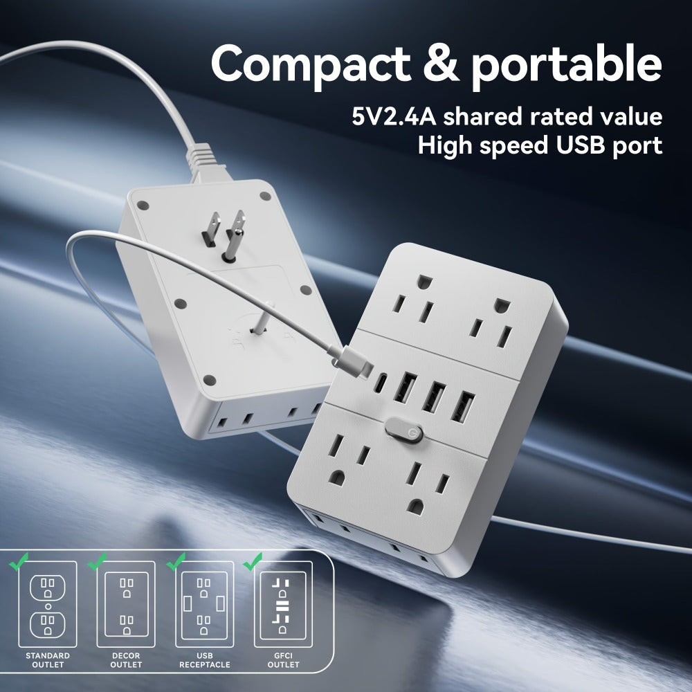 Power Strip 9-in-1 Desktop Station with LED Lamp, Digital Clock, 4 AC Outlets, 3 USB-A and 2 USB-C Ports