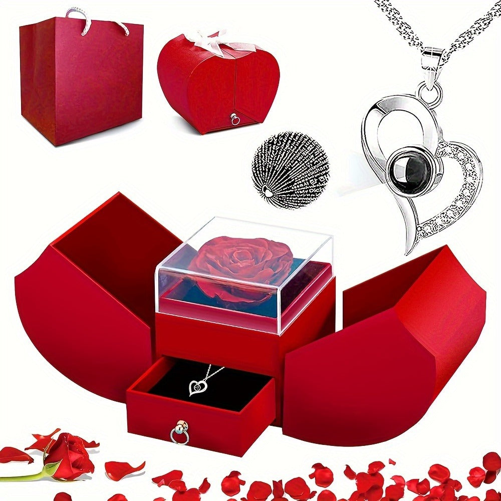 Preserved Real Rose Gift Box with I Love You in 100 Languages Necklace, Romantic Gifts for Girlfriend Wife Mom