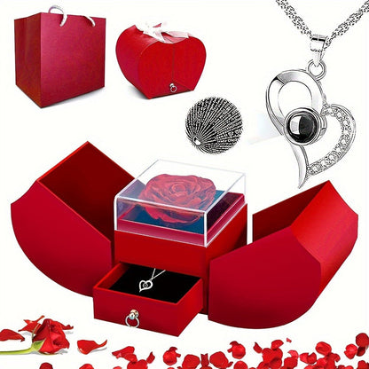 Preserved Real Rose Gift Box with I Love You in 100 Languages Necklace, Romantic Gifts for Girlfriend Wife Mom