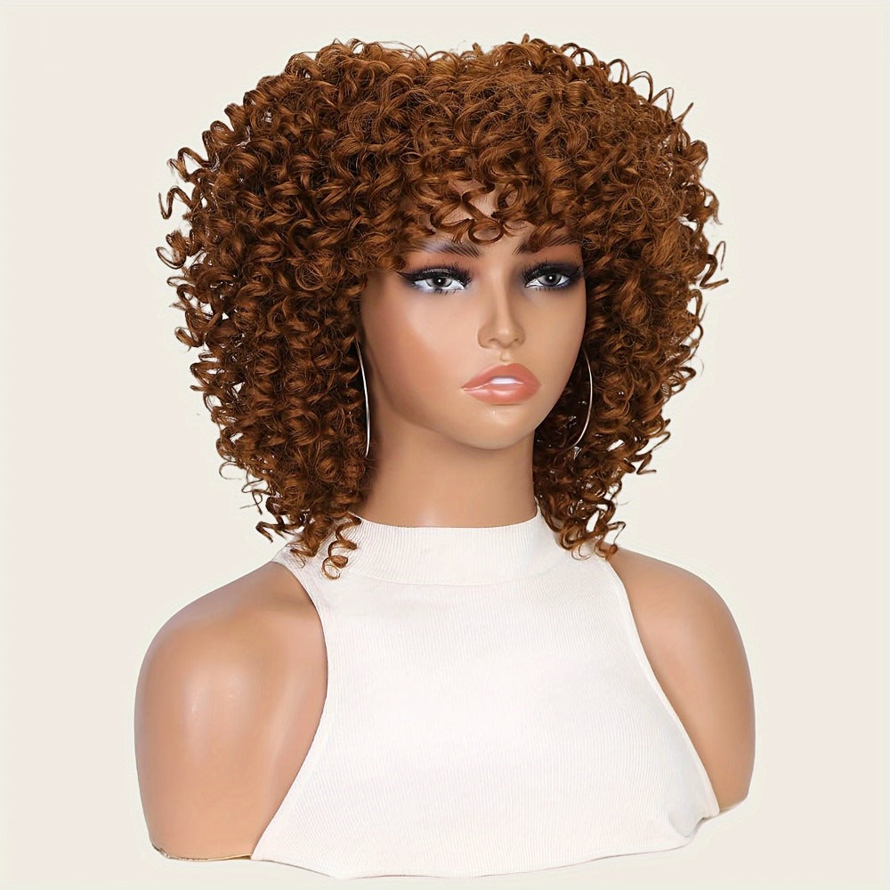 Synthetic Wig 14-Inch Kinky Curly Afro with Bangs, 180% Density and Stretch Net Cap for Daily Style