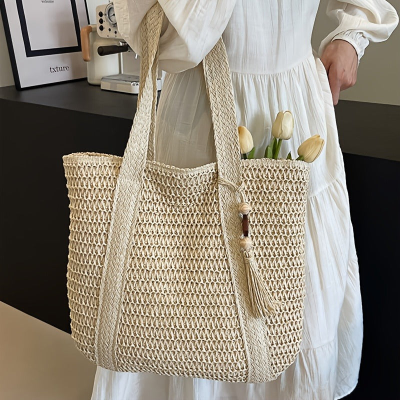 Straw Woven Tote Bag for Women with Tassel, Large Beach Storage and 3 Natural Color Options