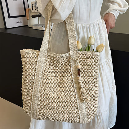 Straw Woven Tote Bag for Women with Tassel, Large Beach Storage and 3 Natural Color Options
