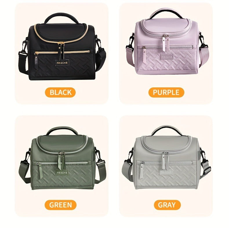 Quilted Lunch Bag Tote with Dual Zippers, Front and Side Pockets, Shoulder Strap and Four Colors