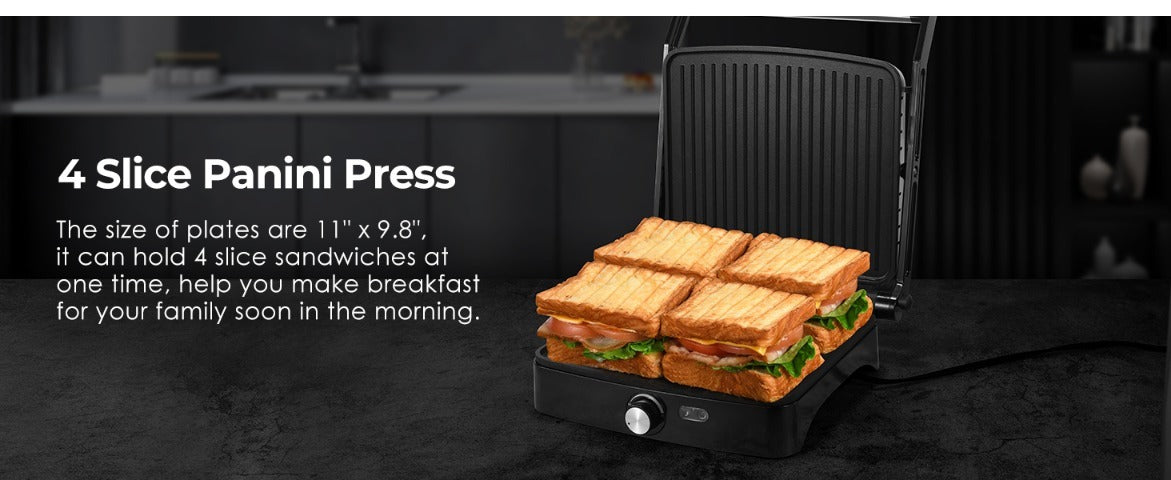 Panini Press Grill Indoor Sandwich Maker 4 Slice, Non-Stick 1200W Electric Grill with Temperature Control