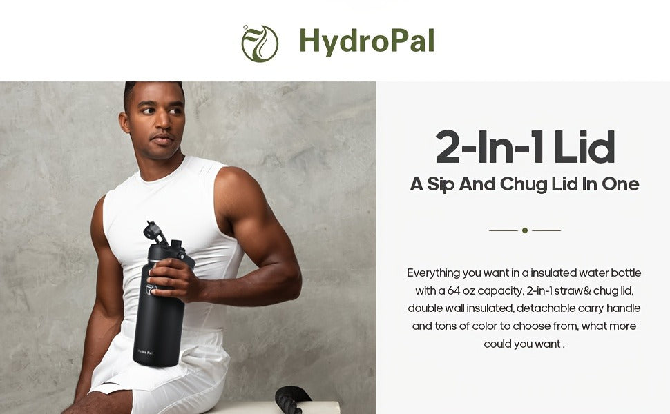 40oz HydroPal Water Bottle with Separate Straw and Chug Lids, Two Straws and 12 Color or Pattern Options