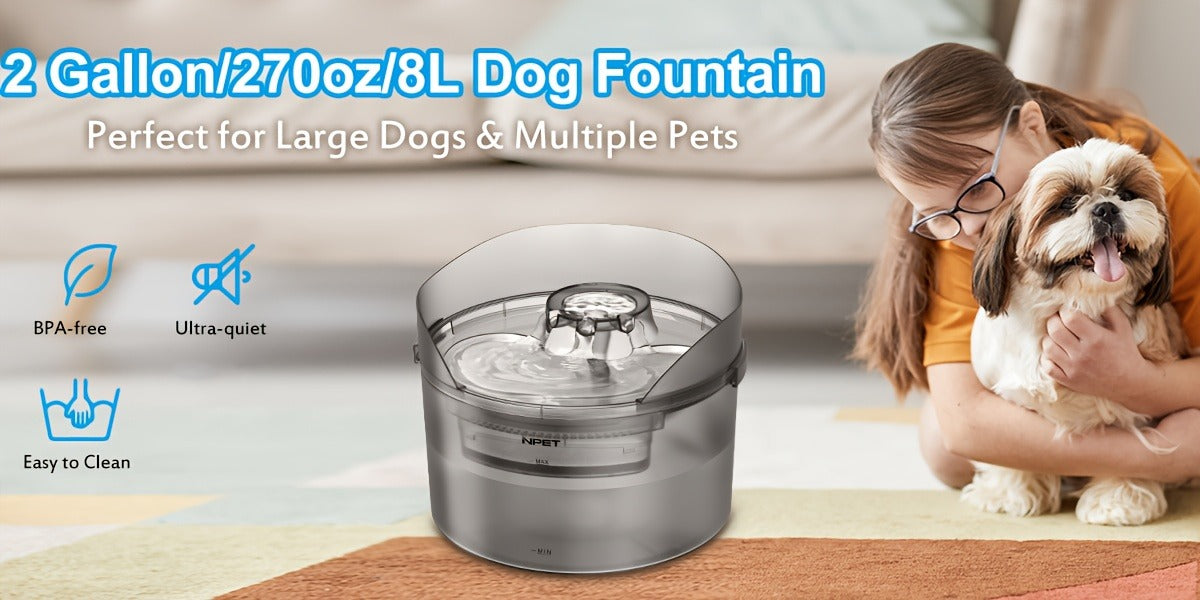 Dog Water Fountain 2 Gallon NPET DF30 – Automatic Pet Water Dispenser Triple Filtration with Splatter Guard & Cleaning Kit for Large Dogs