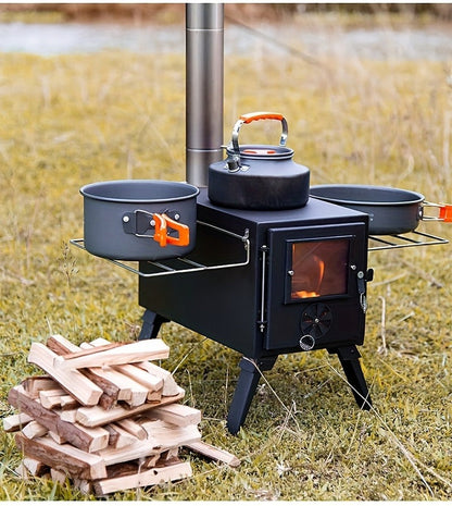 Portable Wood Stove with Chimney Pipe Set, Folding Legs, Side Shelves and Silver or Black Finish Options
