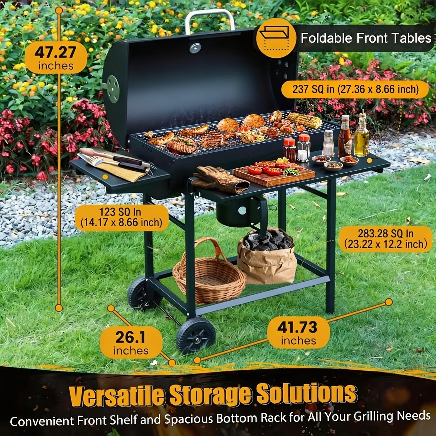 Barrel Charcoal Grill with Offset Smoker, Wheeled Cart, Side Firebox and Two Black Configuration Options