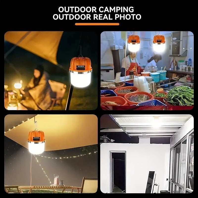 Orange Hanging Camping Lantern with Three Brightness Settings, Type-C Charging Port and Integrated Hook