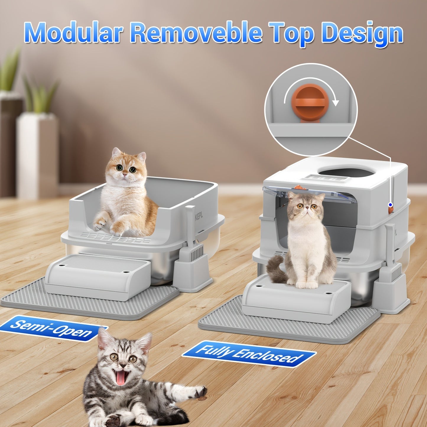 Stainless Steel Cat Litter Box with Lid – Extra Large 68L Enclosed & Semi-Open Modular System, 304 Steel Non-Stick Easy Clean