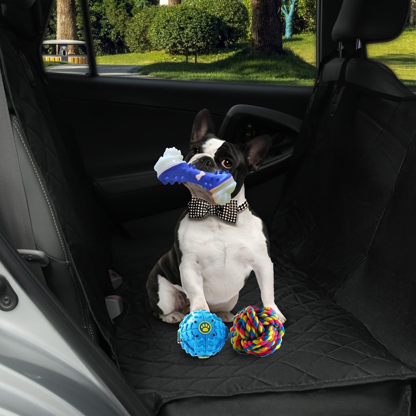 Quilted Dog Car Back Seat Cover with Side Flaps, Mesh Window and Six Color or Pink Mat Bundle Options
