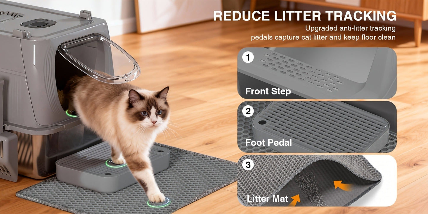 CITYLIFE Cat Litter Box with Stainless Steel Basin, Removable Enclosure, Flap Door, Top Entry, Step and Mat