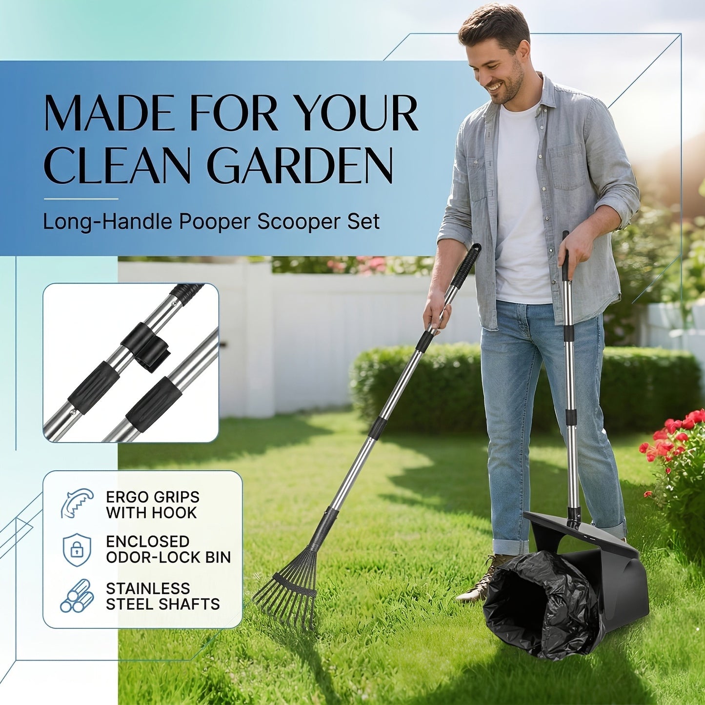 Dog Pooper Scooper with Long Handle & Swivel Bin – Heavy Duty Rake Spade Set, 40 Waste Bags Included, Pet Waste Removal for Yard Grass