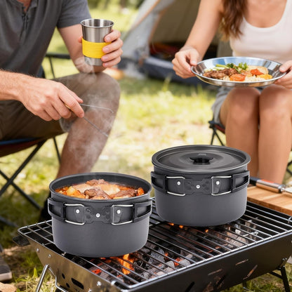 Camping Cookware Set, 19- or 27-Piece Coated Aluminum Mess Kit with Pot, Pan, Kettle, Cups, Plates and Cutlery