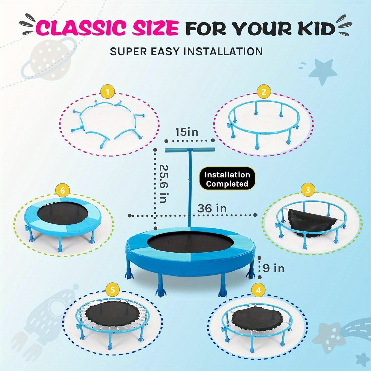36 Inch Kids Indoor Trampoline with Handle – 7-Leg Safety Design, 2.0mm Steel Frame, 28 Coil Springs, Non-Slip Feet, PP Jump Mat