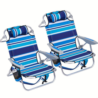 Folding Beach Chair Lay Flat Camping Chair for Adults 4 Position Adjustable Backpack Chair with Cup Holder Towel Bar Cooler Pouch