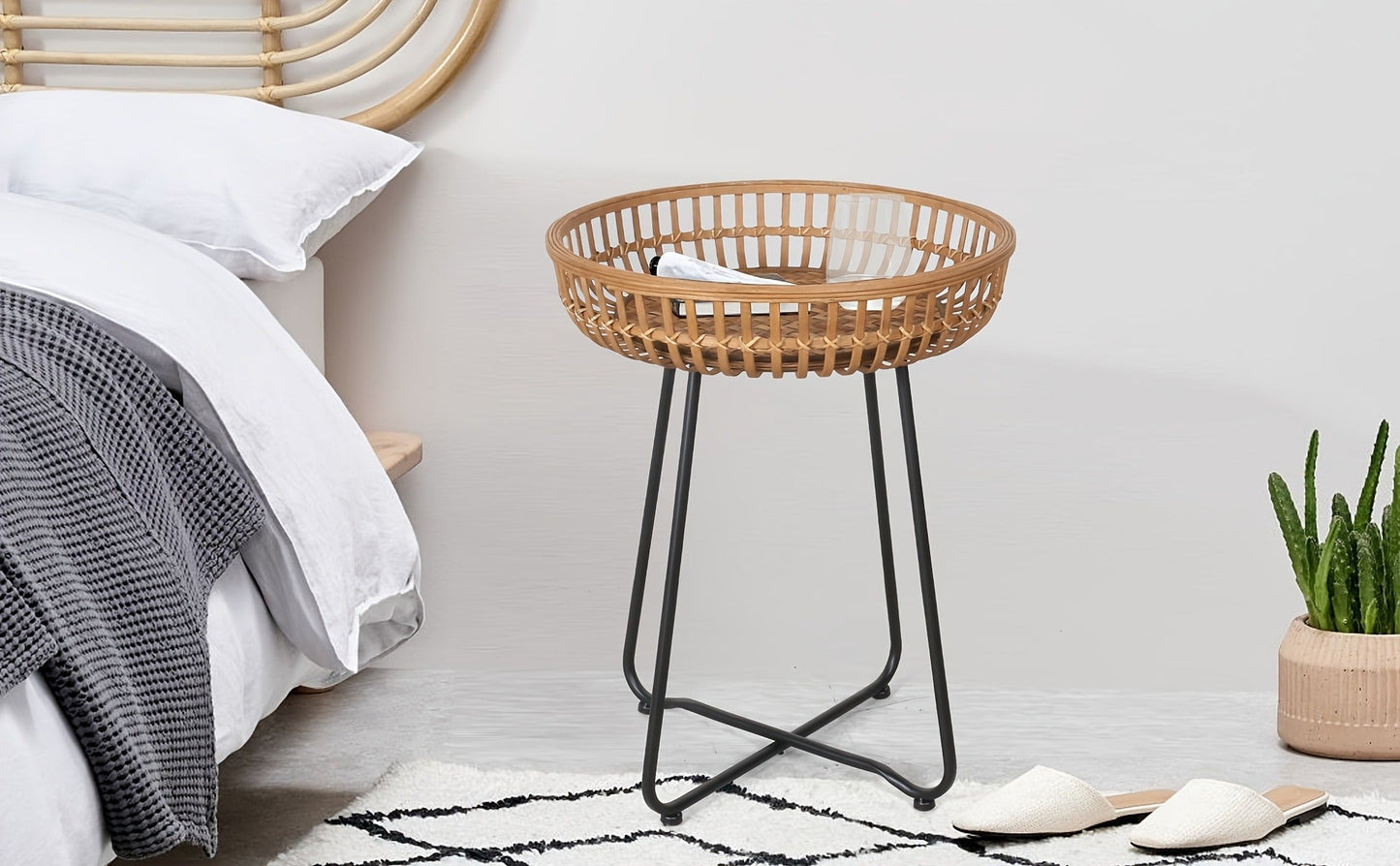 Side Table Rattan Collection with Bamboo-Woven Tops, Metal Bases and 18- or 20.4-Inch Options