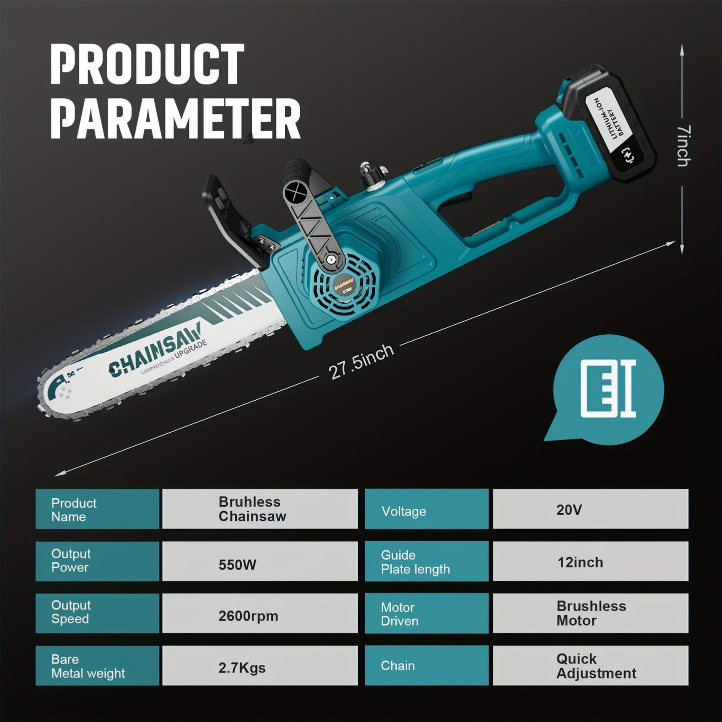 Cordless Brushless Chainsaw with 6- or 12-Inch Bar, One- or Two-Battery Kits in Purple, Green, Teal or Yellow