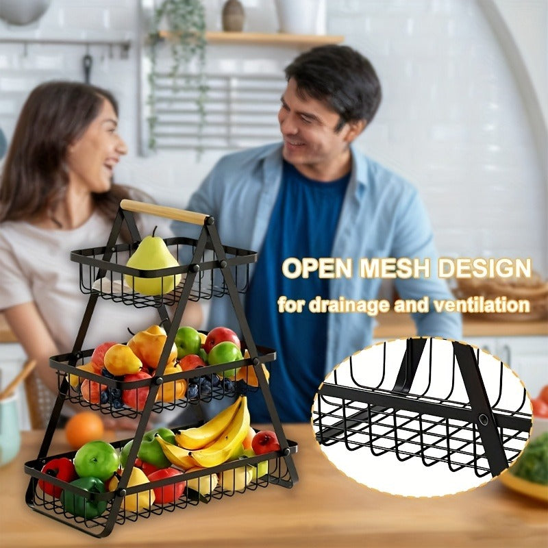 Fruit Basket Kitchen Organizer 2 or 3 Tier Metal Stand with Removable Wooden Handles for Countertop