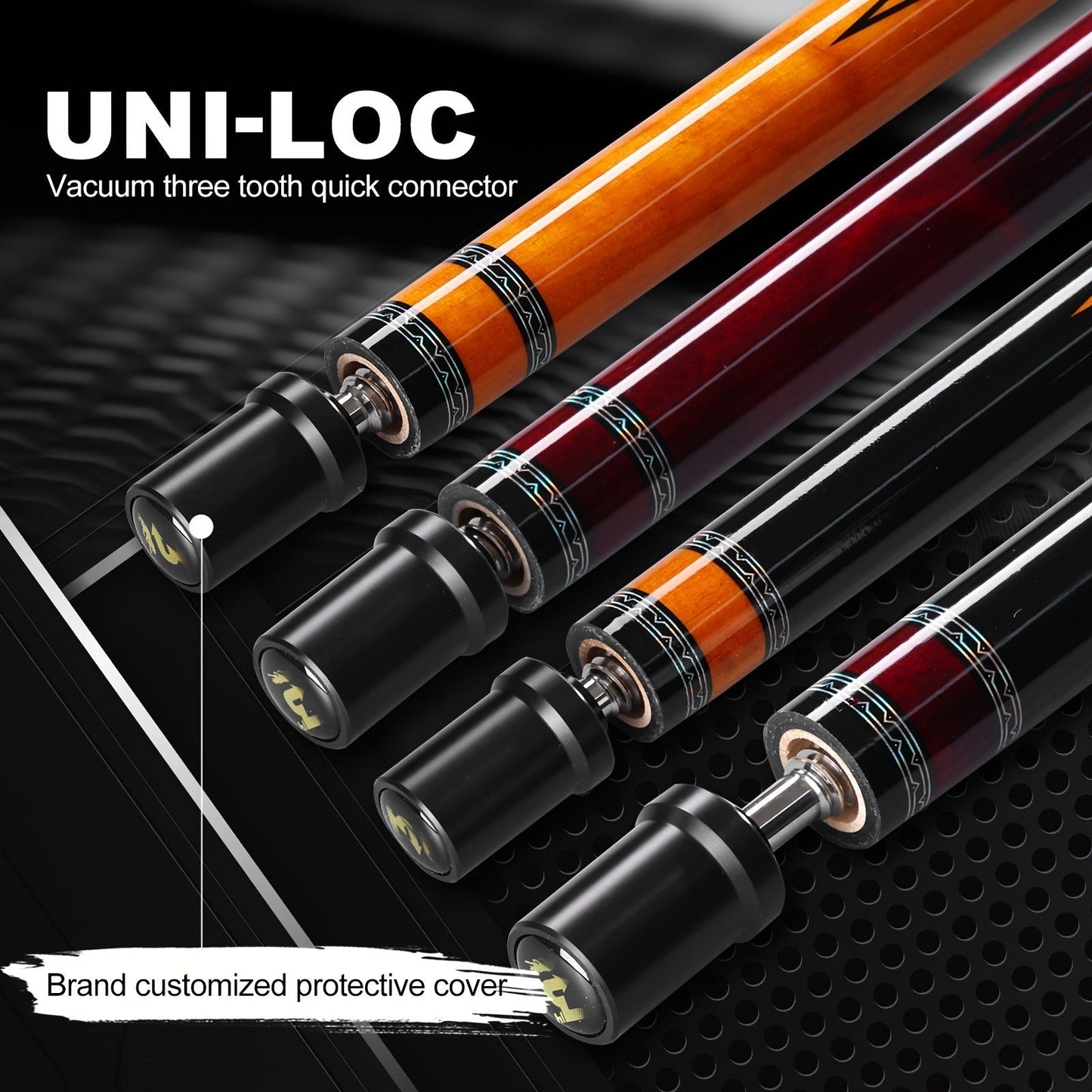 58-Inch Carbon Fiber Pool Cue with 12.5mm Tip, 3/8x8 Joint, Black Wrap and Four SP Graphic Designs