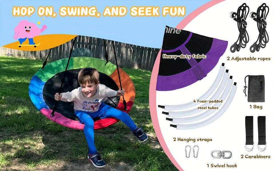 Saucer Tree Swing 43 Inch 360 Degree Rotating Flying Saucer Swing with Swivel Hanging Straps Adjustable Ropes Round Spinner Swing for Tree