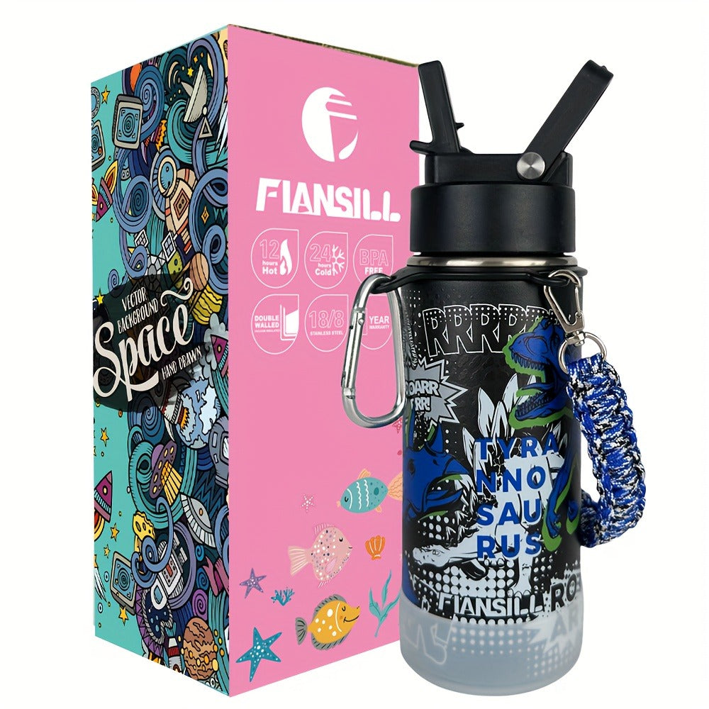 FIANSILL 16oz Stainless Steel Water Bottle with Flip-Up Straw Lid, Wrist Strap, Carabiner and Eight Prints