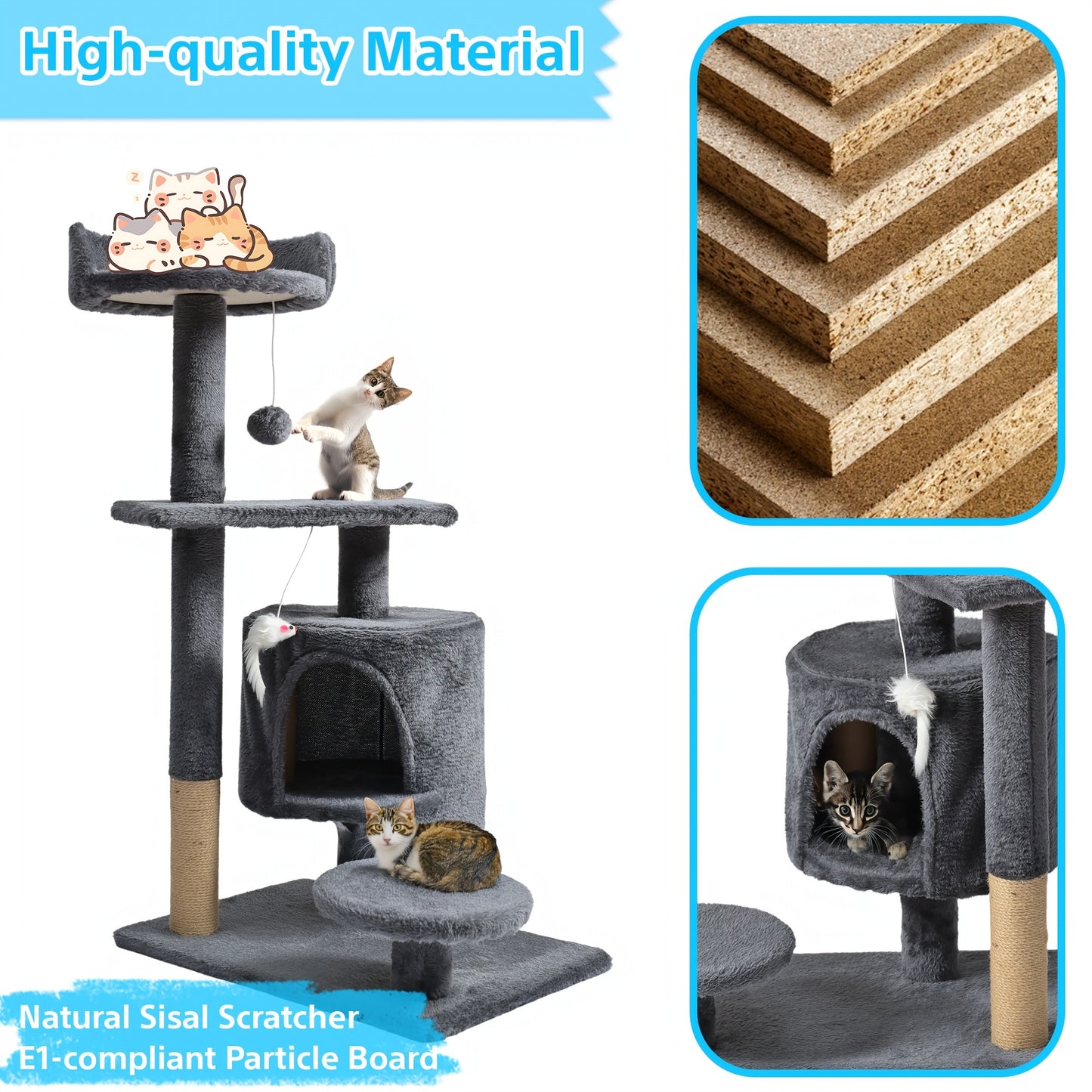 Cat Tree for Large Cats, Tower Multi-Level with Cat Bed, Condo & Sisal Scratching Post – 3 or 4 Tier Indoor Cat Tree for Large Cats