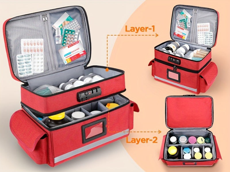 Lockable Medicine Organizer Bag with Combination Lock, Double-Layer Large Capacity Pill Bottle Storage Case for Prescription Bottles First