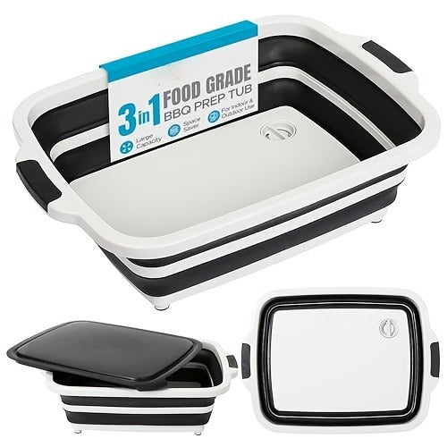 Collapsible Three-in-One BBQ Prep Tub with Cutting Board, Washing Basket, Drain Plug and Locking Lid in Black