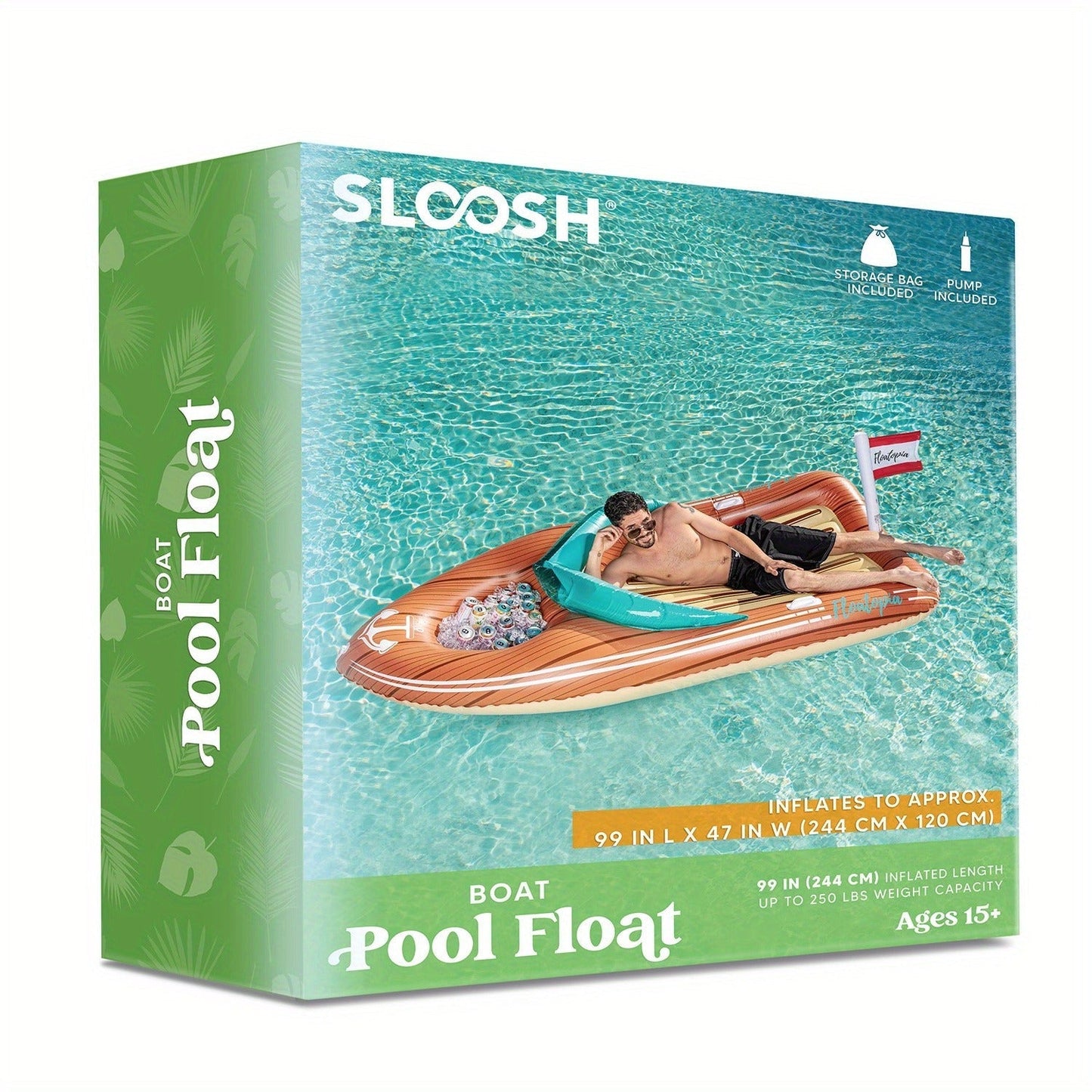 Pool Float Boat-Shaped Two-Person Raft, Over Eight Feet with Built-In Cooler, Two Handles and Tow Point