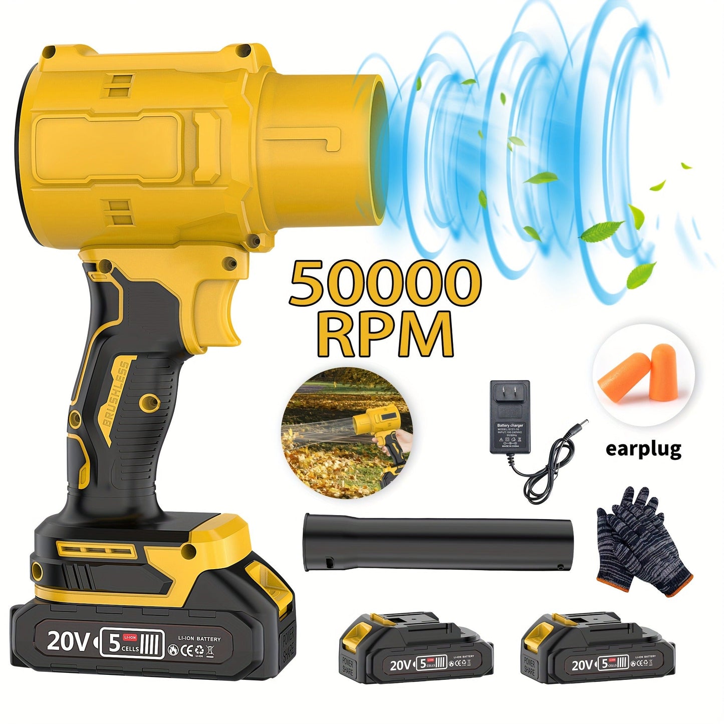 20V Cordless Leaf Blower with 50, 000 RPM Marking, Yellow or Green Body and Six Dual-Battery Package Options