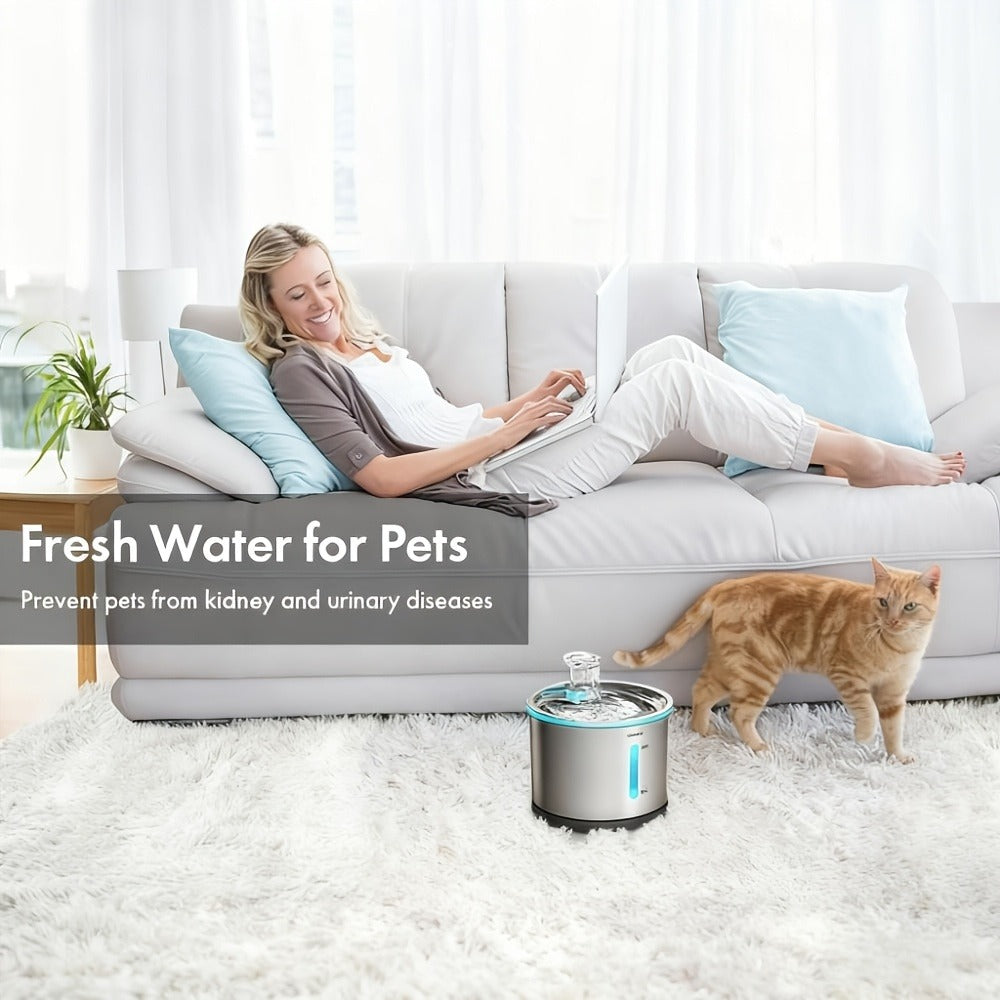 Cat Water Fountain Stainless Steel 50oz/1.5L – Ultra Quiet Auto Pet Water Dispenser with LED Light, Visible Window & Dishwasher Safe