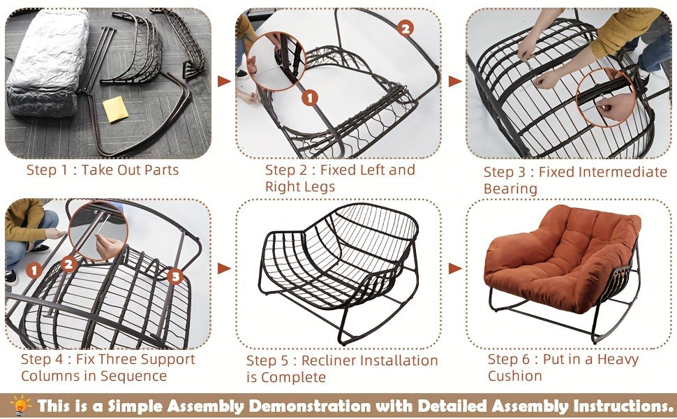 Papasan Rocking Chair Outdoor Wicker Egg Chair with Cushion & Pillow, Large Patio Rocker for Garden