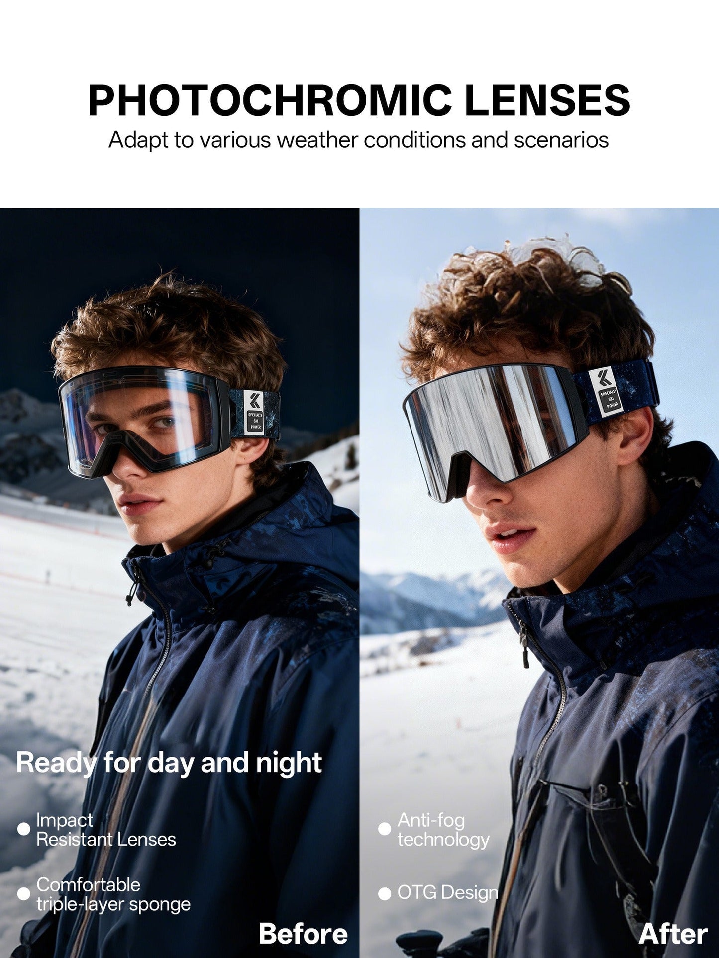 KAPVOE Ski Goggles with Magnet-Attached Interchangeable Lens Interface and Seven K721 Color Codes