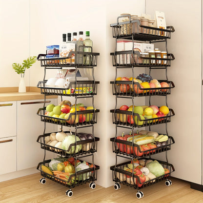 6-Tier Stackable Metal Wire Storage Basket Organizer with Wheels – Rolling Kitchen Pantry Rack for Fruits Vegetables Utensils