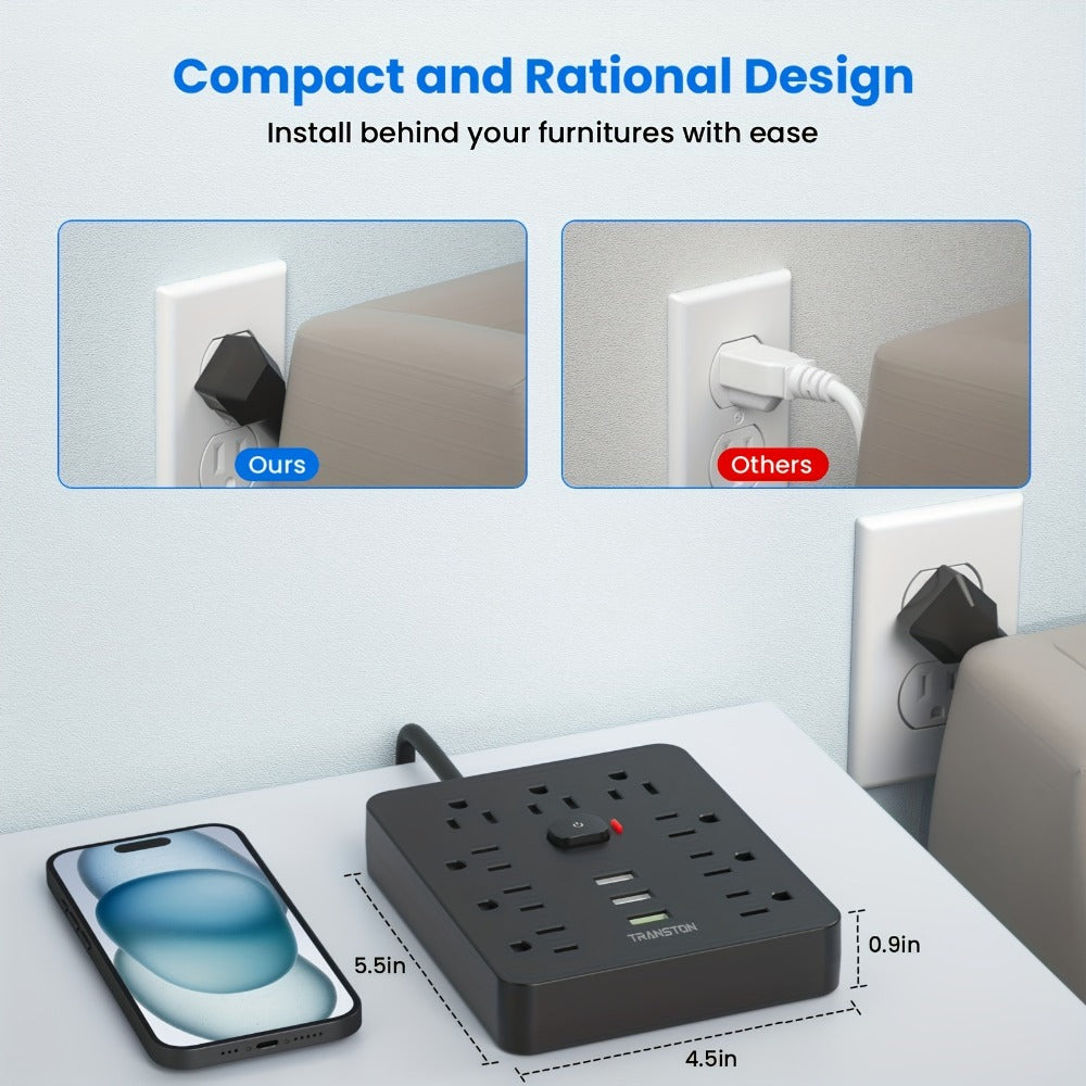 Power Strip with USB Ports, 12-in-1 with 45-Degree Angled Plug, 9 AC Outlets, 3 USB-A Ports and 10-Foot Extension Cord