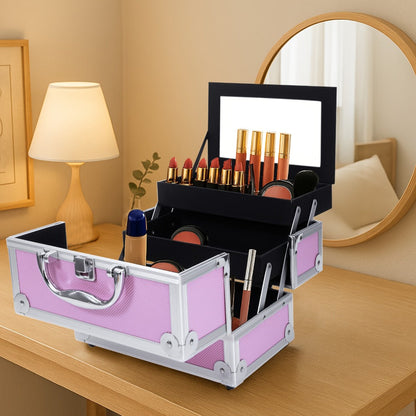 Rolling Makeup Case Aluminum 4-in-1 Extra Large Professional Cosmetic Trolley with 360° Swivel Wheels for Makeup Artist Tattoo Artist Salon