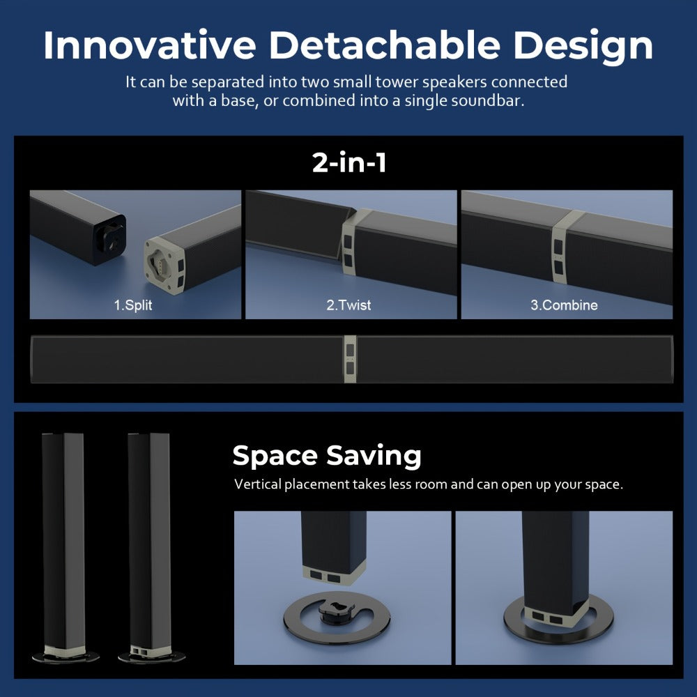 Detachable 31.5-Inch TV Soundbar with Remote, ARC, Optical and AUX Connections and Subwoofer Options