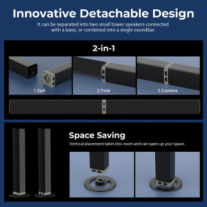 Detachable 31.5-Inch TV Soundbar with Remote, ARC, Optical and AUX Connections and Subwoofer Options
