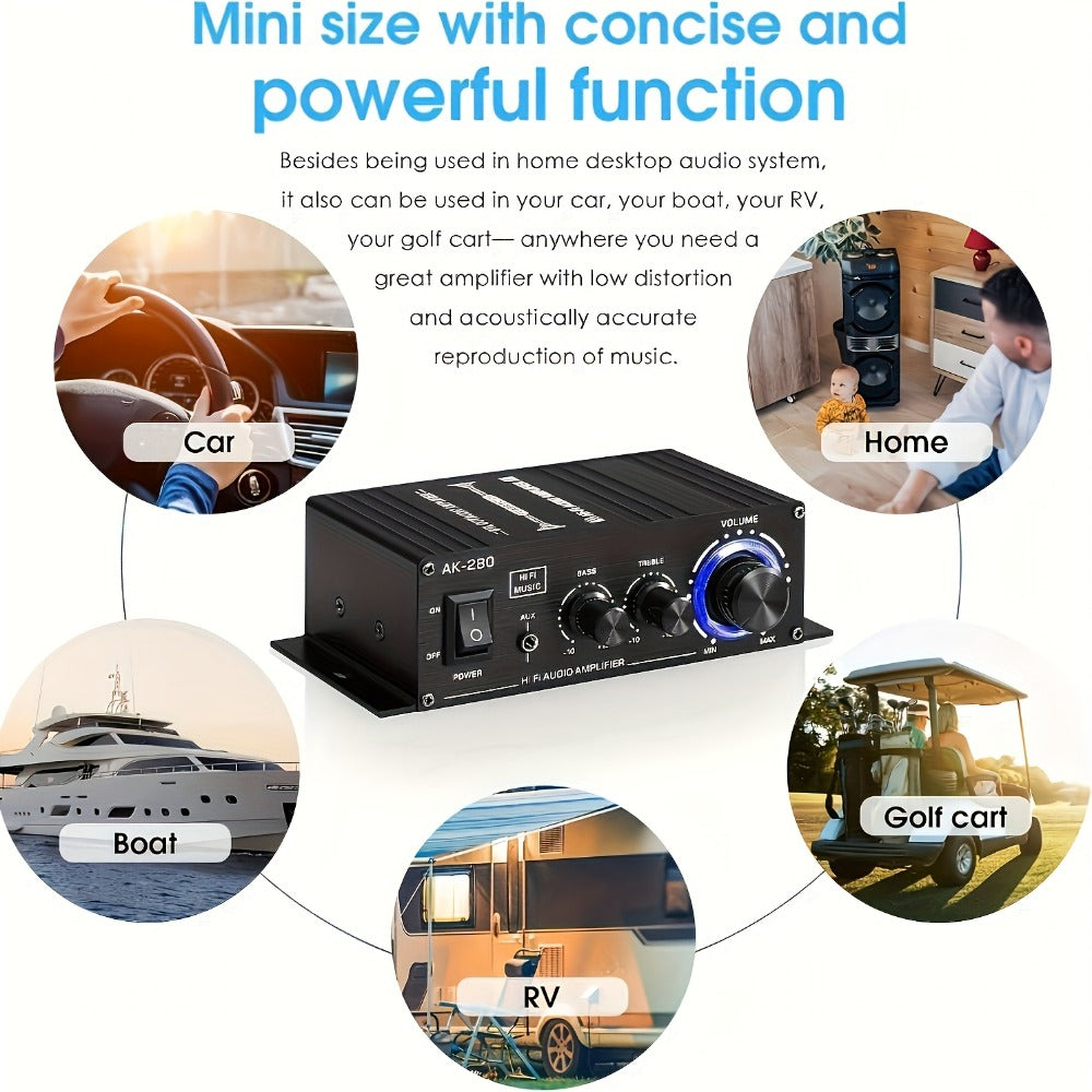 600W Mini HiFi Stereo Power Amplifier, Dual-Channel Class AB Compact Audio Amp, 2.0 Channel, RCA & AUX Input