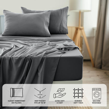 Fitted Sheet Set 6-Piece Brushed Polyester Deep Pocket Bed Sheets 20 Colors Hotel Luxury Bedding with Embroidered Pillowcases