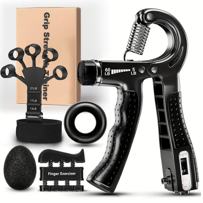 Grip Strengthener Set 5pcs – Adjustable Hand Grip Trainer with Counting, Finger Exerciser, Finger Stretcher