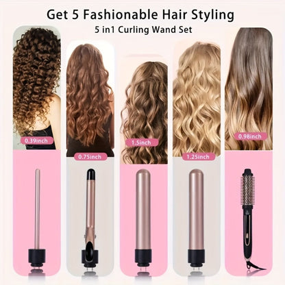 Ceramic Curling Iron Set 5-in-1 with Interchangeable Barrels & Heat Brush, Professional Hair Curler Wand Styling Kit for Waves & Curls