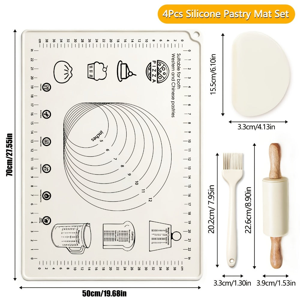 Silicone Baking Mat Set 4pcs, Extra Thick Non-Stick Pastry Mat with Measurement Scales, Non-Slip Dough Kneading Mat, Includes Rolling Pin