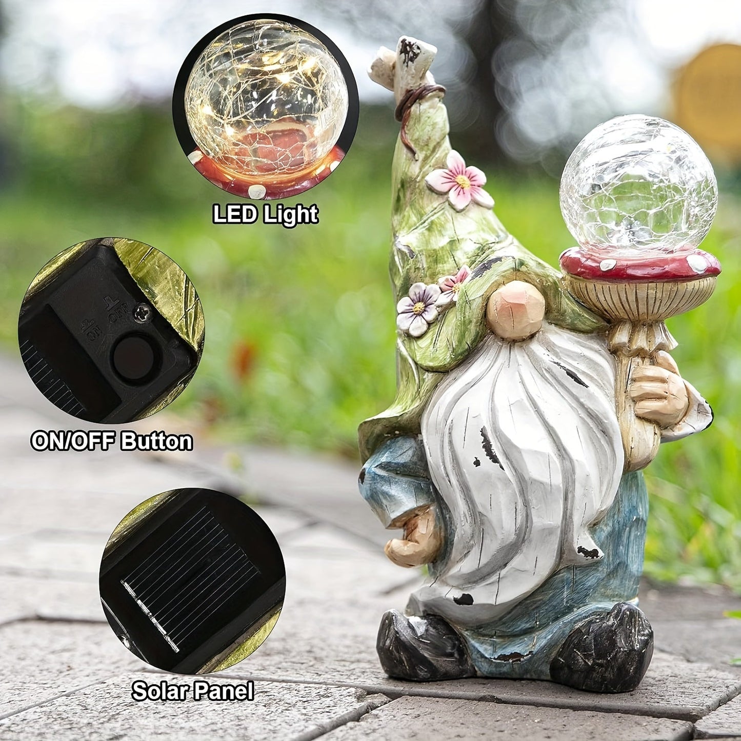 Solar Garden Gnome Statue with LED Magical Ball Light Outdoor Resin Dwarf Sculpture IP44 Waterproof Spring Yard Patio Decor Housewarming
