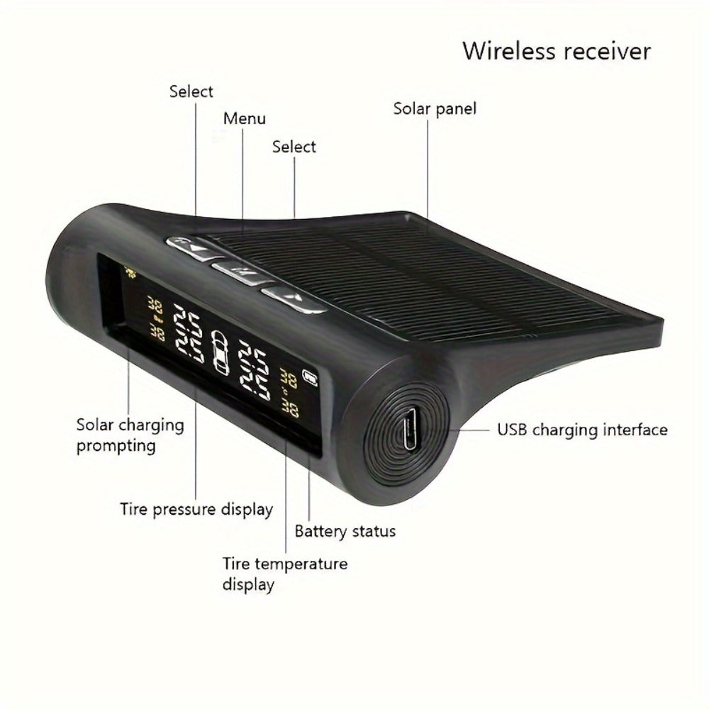 TPMS Tire Pressure Monitor Solar & USB Powered – Real-Time LCD Display, 6-Mode Auto Alarm, Windshield Mount, Day & Night Readable