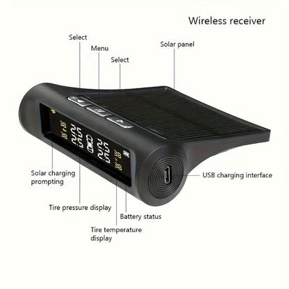 TPMS Tire Pressure Monitor Solar & USB Powered – Real-Time LCD Display, 6-Mode Auto Alarm, Windshield Mount, Day & Night Readable