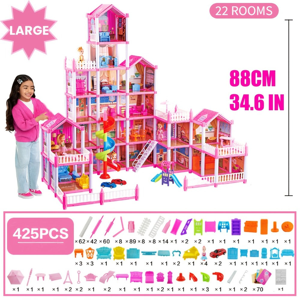 Princess Doll House Castle with Furniture & Accessories, Pink or Blue Mini Villa Playset 14 to 27 Rooms