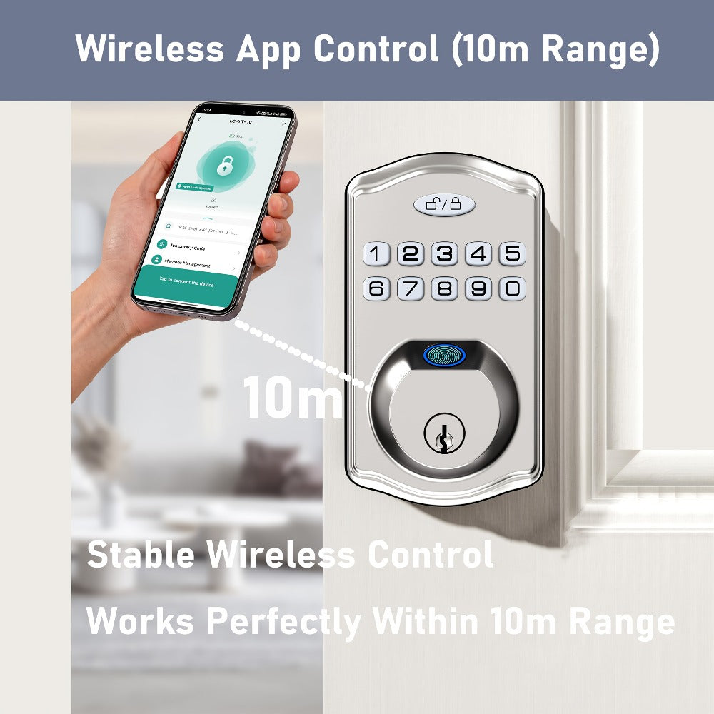 Smart Door Lock Deadbolt with Fingerprint Keypad App and Key Access in Black or Silver Options
