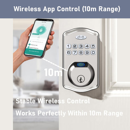 Smart Door Lock Deadbolt with Fingerprint Keypad App and Key Access in Black or Silver Options